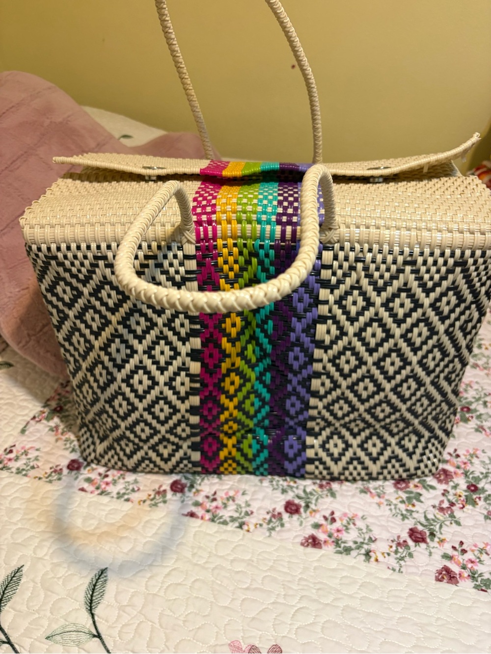 Woven Straw Tote Bag with Rainbow Accent - Cream & Black